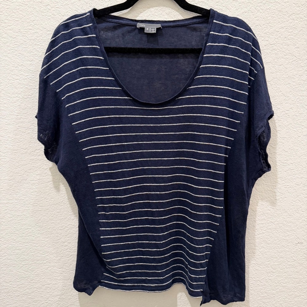Vince Navy Blue White Striped Linen Blend Scoop Neck Boxy Knit Top Medium